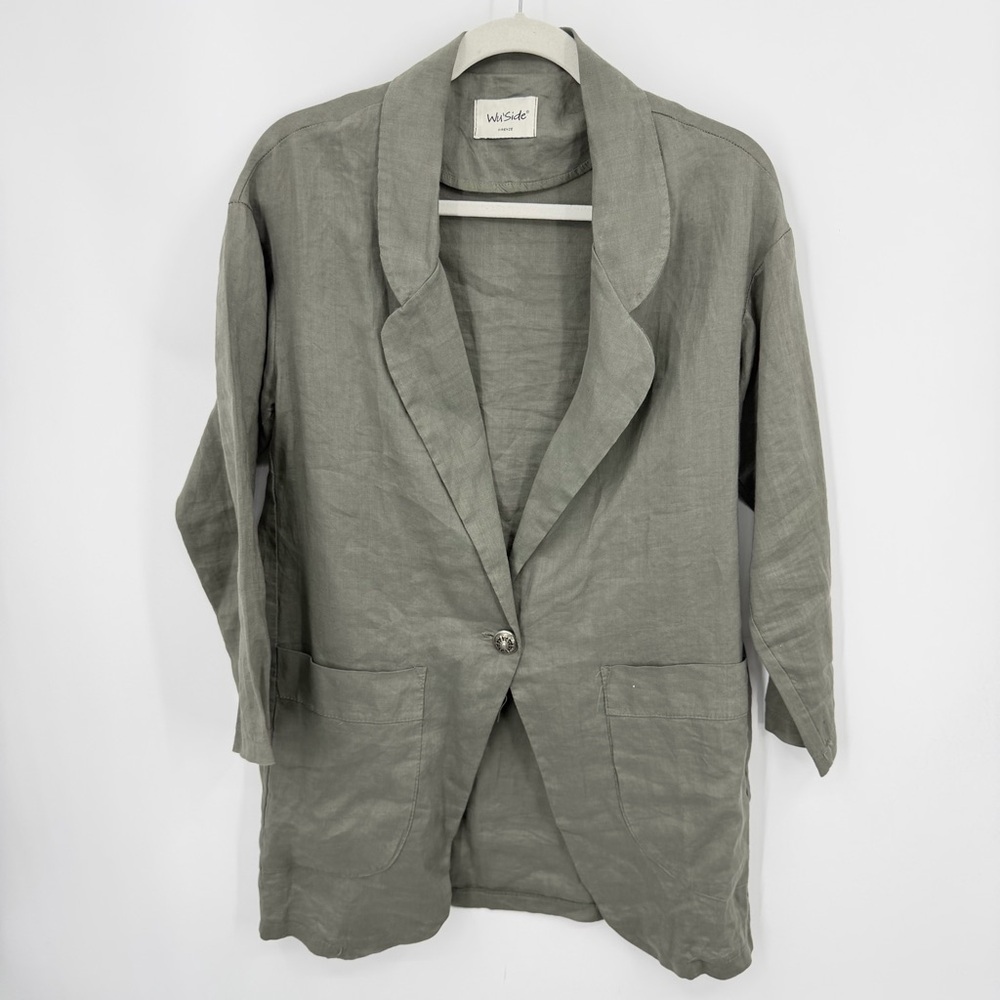 Wu'Side linen blazer in olive green single button closure patch pockets one size